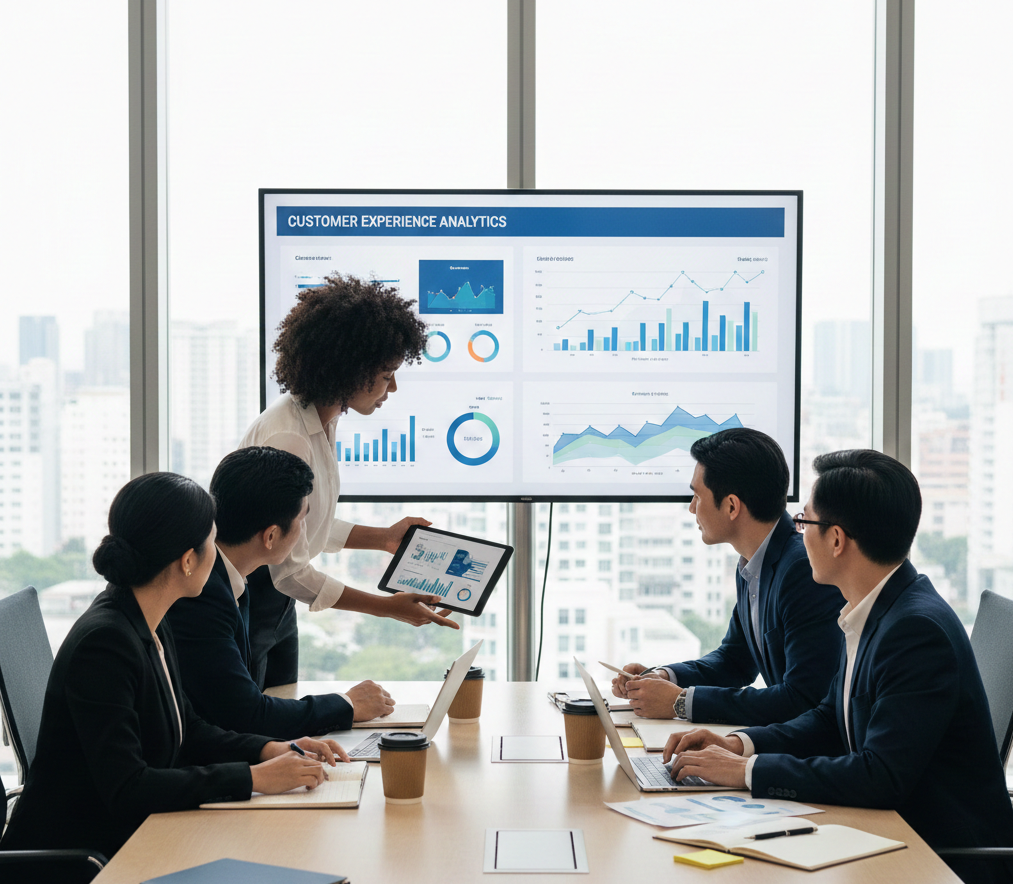 Equipo de consultores analizando datos de experiencia del cliente en reunión de negocios