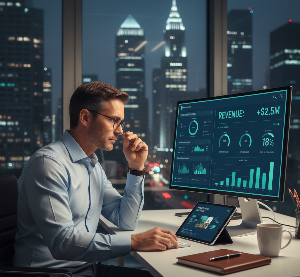 Tablero analítico mostrando métricas de viaje del cliente y KPIs financieros